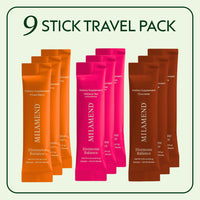Nine stick travel packs of Milamend Hormone Balance supplements in orange, pink, and brown packaging.