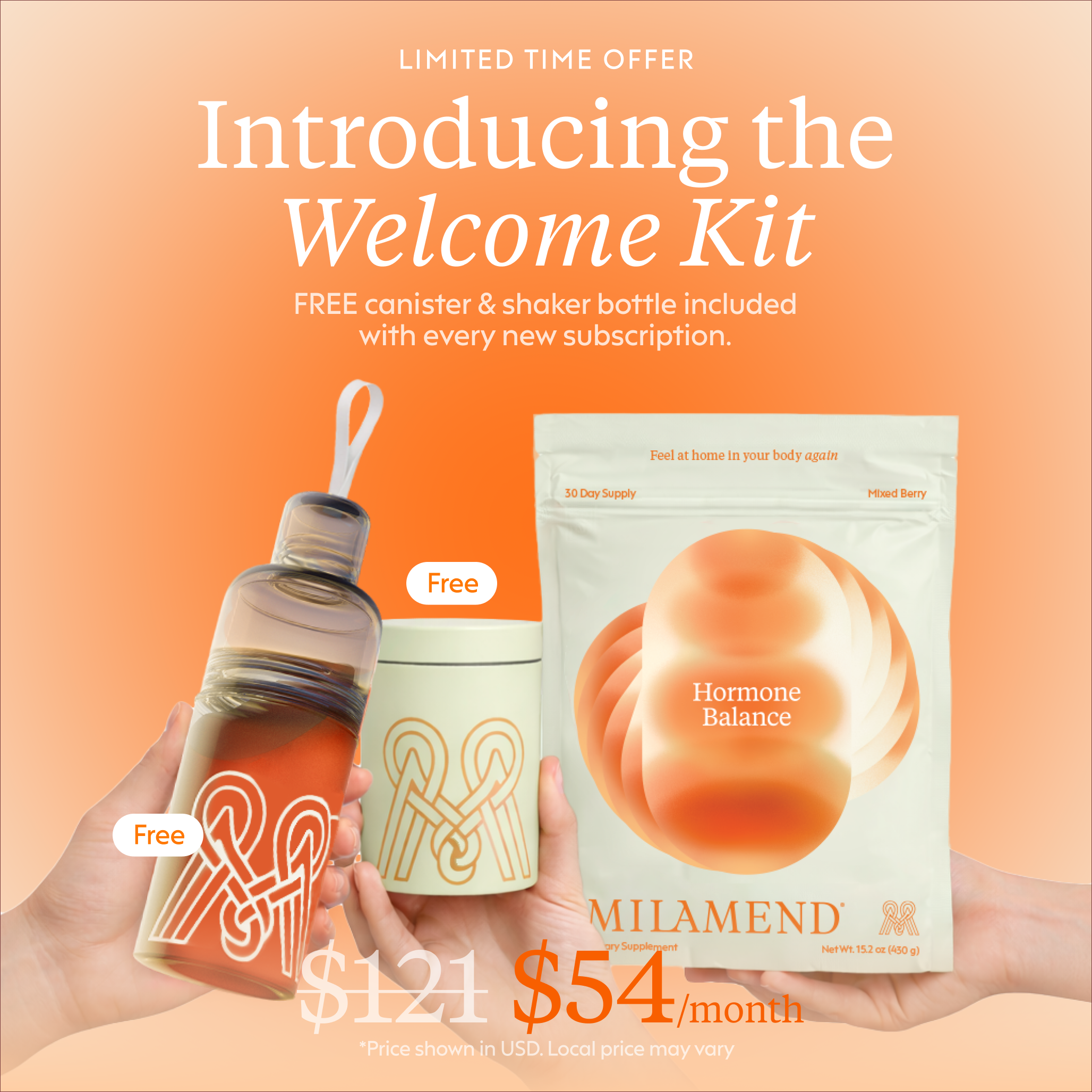Advertisement for Mii Amend Welcome Kit with a free canister and shaker bottle on an orange background.