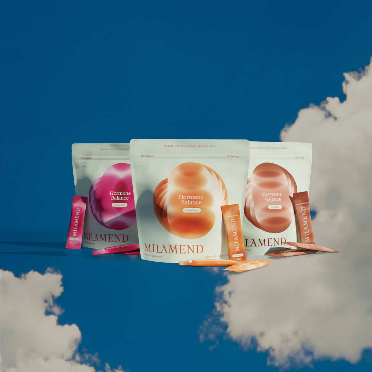 Milamend flavor lineup: Hibiscus, Mixed Berry and Chocolate pouches with stick packs