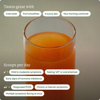 Glass of orange juice with text about its uses and benefits on a gray background