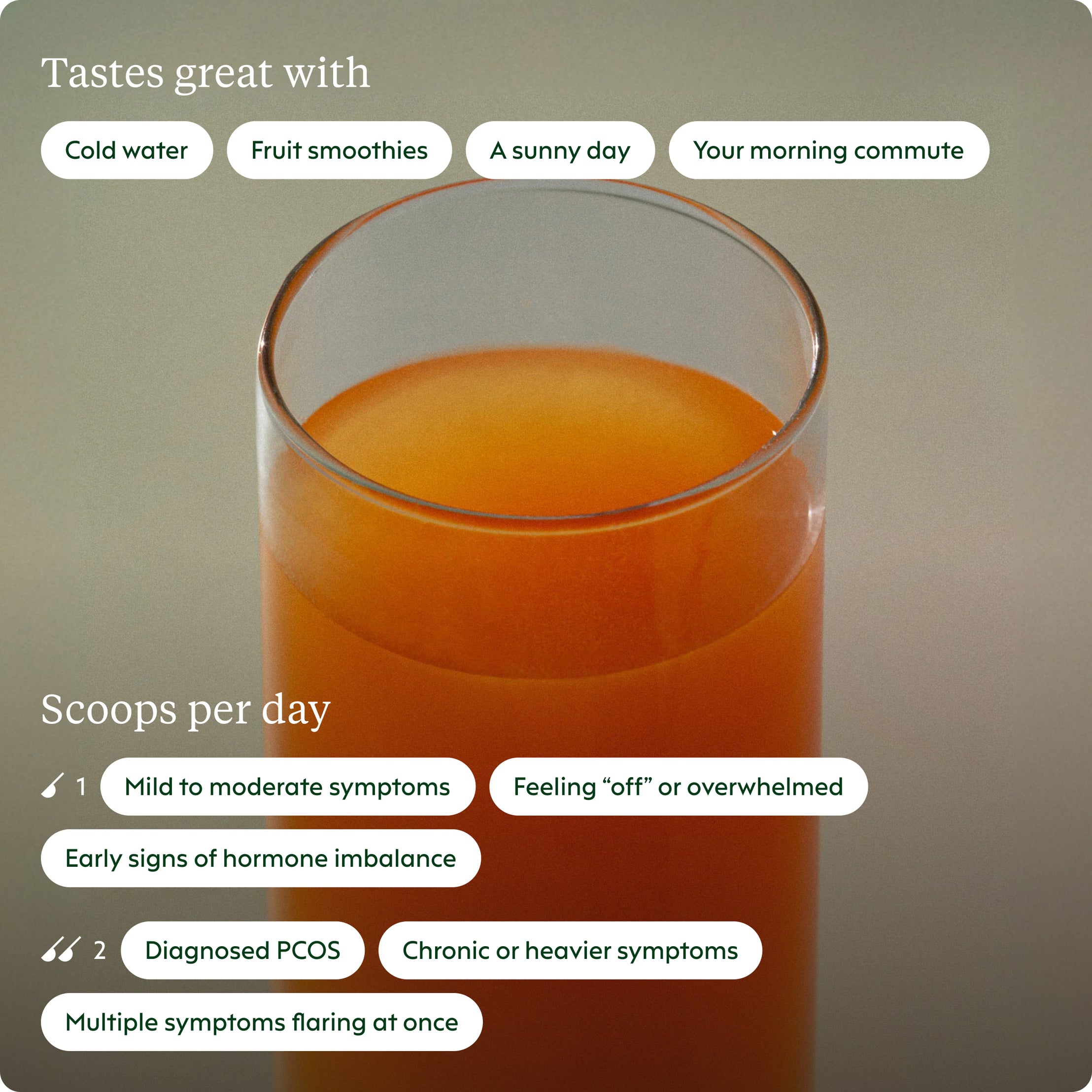 Glass of orange juice with text about its uses and benefits on a gray background
